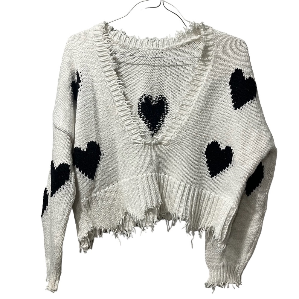 Sweater Black White Hearts Small Oversized Distressed 100% Cotton‎ V Neck